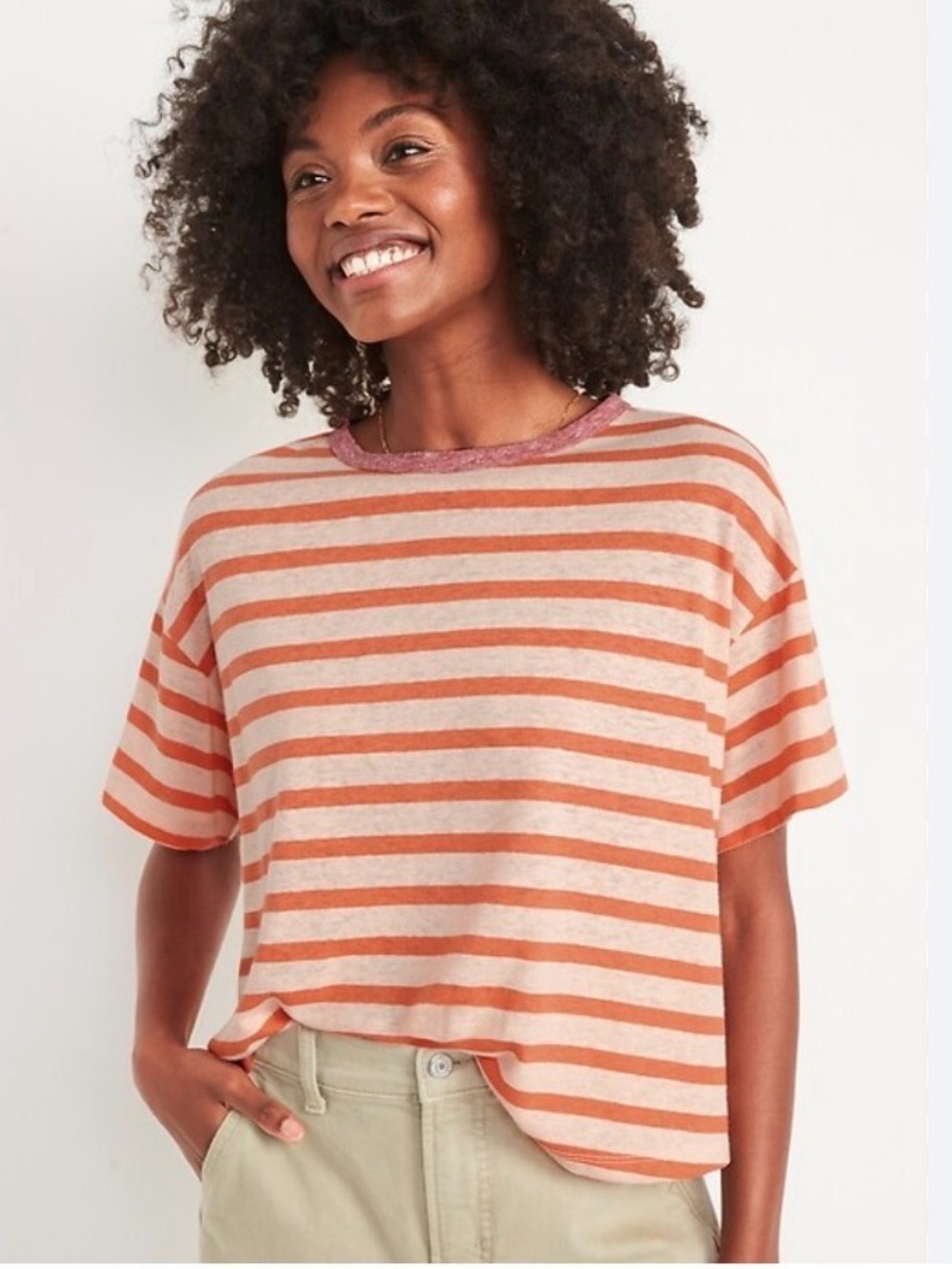 Old Navy Women’s Crewneck Striped Cropped Short-Sleeve Tee, Orange Size Small